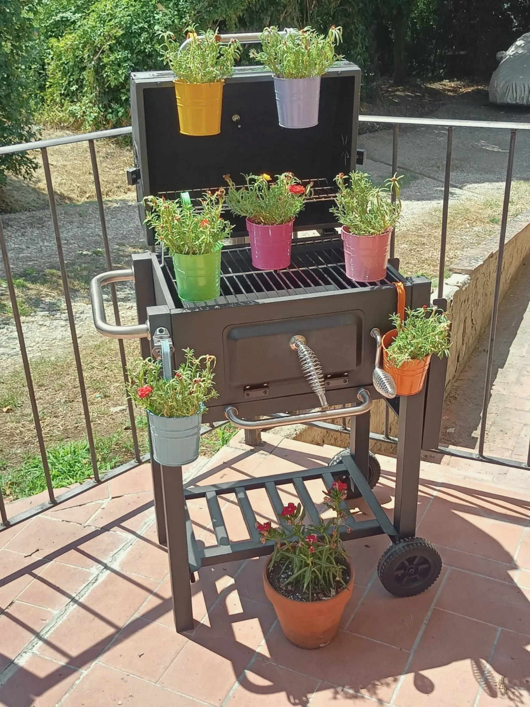 Il barbecue tra i vasi di fiori